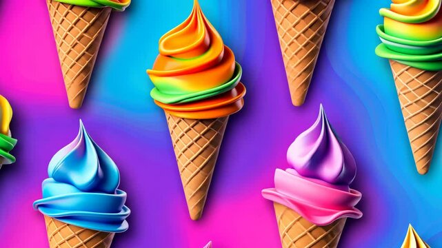 Row of colorful ice cream cones with different colors and flavors. The image has a fun and playful mood, with the bright colors and the variety of flavors