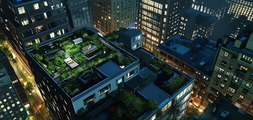 Fototapeta premium Aerial night view of a city with a lush rooftop garden, showcasing sustainable urban design. Green oasis in a concrete jungle.