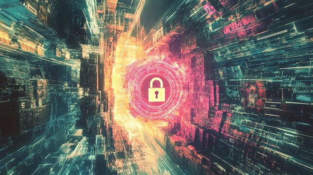 Conceptual image of a secure digital network with a central lock icon