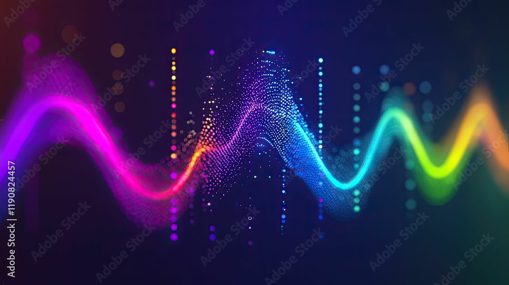 Poster a vibrant, colorful soundwave graphic displaying dynamic waveforms and visualizing audio frequencies