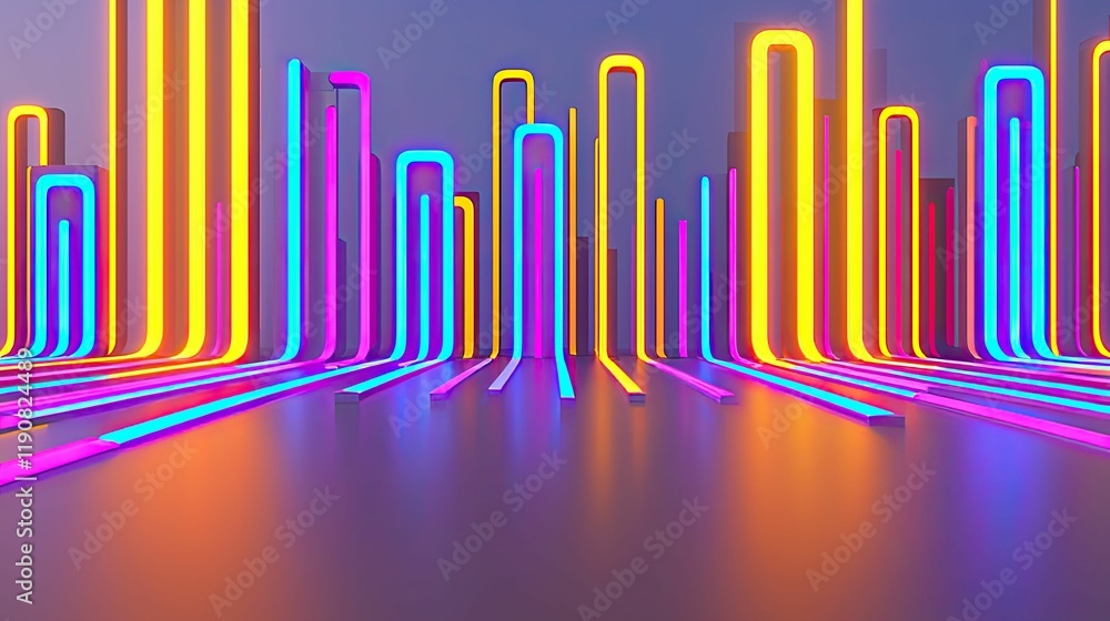 Poster a vibrant digital landscape featuring glowing neon lines in various colors, creating a futuristic an