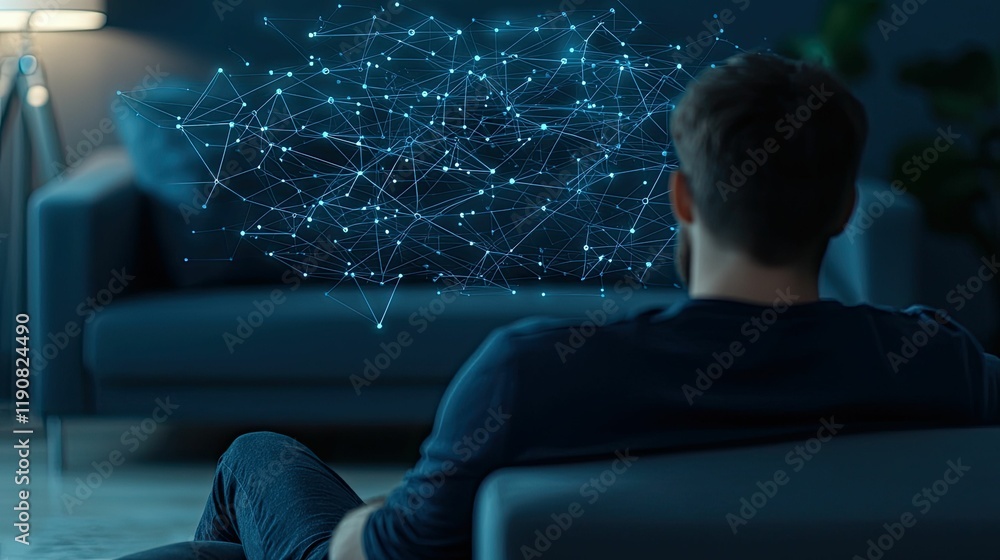 Poster a person sits on a couch, gazing at a digital network of interconnected nodes, symbolizing technolog