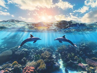 Obraz premium Two dolphins swim in vibrant coral reef, sunlit ocean surface above. Stunning underwater scene, peaceful marine wildlife.