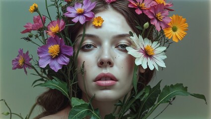 A beautiful woman with flowers in her hair  in front of a muted green background