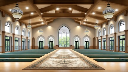 Obraz premium Spacious Interior of a Modern Prayer Hall with Ornate Lighting and Wooden Beams