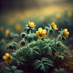 Fototapeta premium Bright Yellow Cinquefoil Blossoms Amidst Greenery