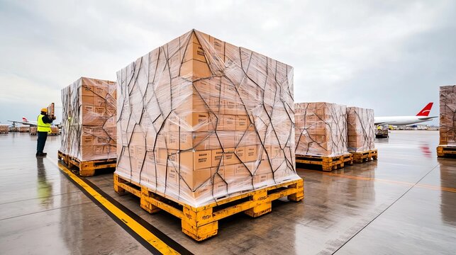 Air freight terminal with pallets being loaded onto planes with efficiency