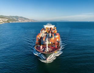 Generated image Aerial View of Cargo Ship with Colorful Containers Sailing in Open Sea on a Sunny Day