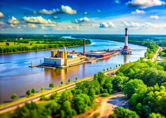 Fototapeta premium Tilt-Shift Photography: Mississippi River Power Plant, Alton, Illinois, July 5, 2023