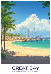 Great bay Sint maarten (dutch part) Travel Poster Flat Illustration Print Decor Gift Canvas Wall Art Gift