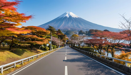 Fuji Mountain and Local Road along Kawaguchiko Lake in Autumn