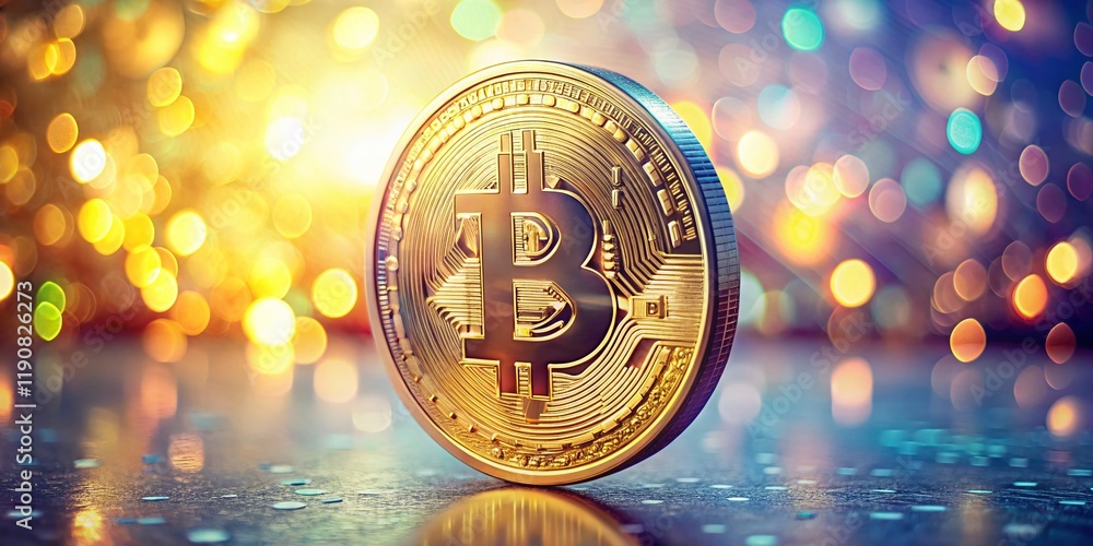 Poster tilted bitcoin cryptocurrency coin, isolated 3d render with bokeh effect