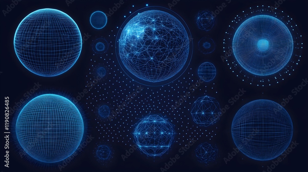 Poster cosmic spheres: a mesmerizing display of interconnected digital spheres, their ethereal glow evoking