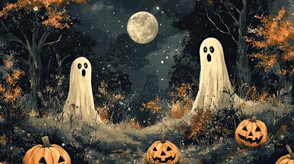 Halloween pattern featuring black and orange ghosts and jack-o-lanterns, perfect for seasonal decor