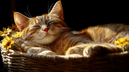 Ginger Kitten Napping in a Wicker Basket with Yellow Flowers