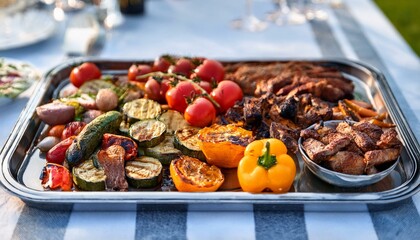 Fototapeta premium Generated image Assorted roasted vegetables and marinated meats served on a metal tray at a summer party