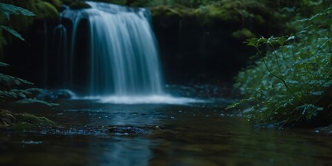 Fototapeta premium View of a towering waterfall cascading into a luminous, bioluminescent lake