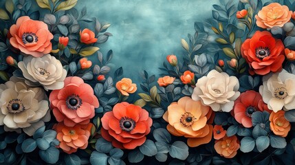Fototapeta premium A vibrant arrangement of various flowers on a blue background creating a colorful and fresh appearance valentine day