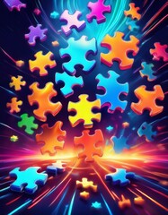 Generated image Background image of neon colorful puzzle pieces levitating