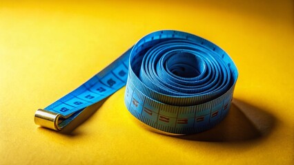 Low Light Blue Measuring Tape on Yellow Background - Diet & Weight Loss Concept Stock Photo