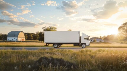 A white mockup truck on a rural farm road with fields and a barn in the background
