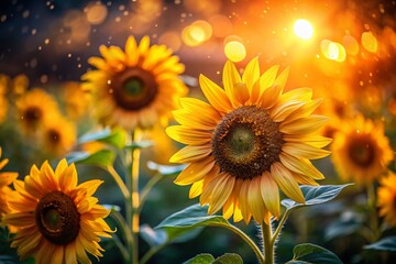 Fototapeta premium Low Light Close-Up of Vibrant Yellow Sunflowers in a Garden