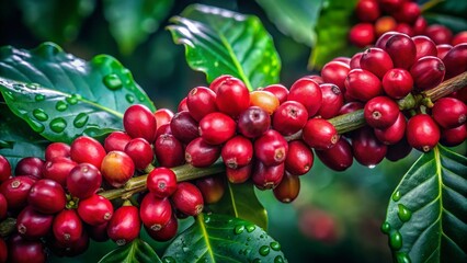 Obraz premium Low Light Coffee Cherries: Vibrant Red Fruits on Branch at Dusk