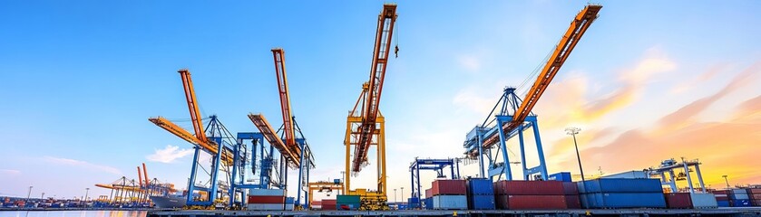 Container terminal bustling with cranes unloading shipping containers, representing maritime logistics