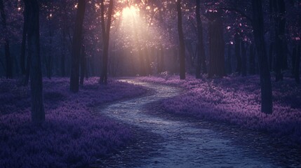 Obraz premium Enchanted Purple Forest Path, Magical Sunset Landscape