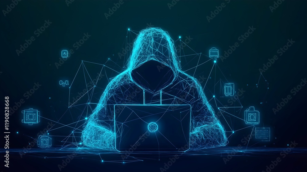 Poster digital intrusion: a masked figure, shrouded in the digital ether, intensely engages with a laptop, 