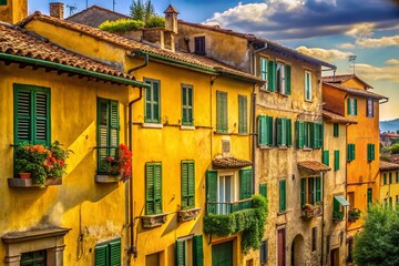 Naklejka premium Tuscan Street Scene: Charming Yellow Houses & Colorful Shutters in Florence, Italy