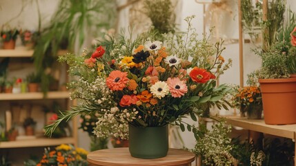 Obraz premium Vibrant Autumnal Flower Bouquet in Green Vase