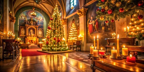 Obraz premium Low Light Interior Church Holy Sepulchre, Festive Home Decor, Candles, Christmas