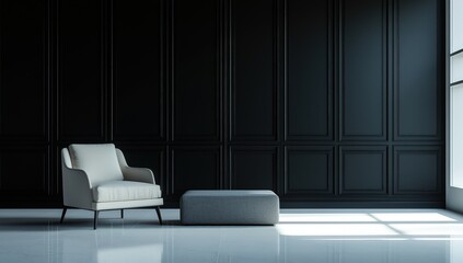 A minimalist room with a deep black paneled wall