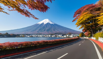 Fuji Mountain and Local Road along Kawaguchiko Lake in Autumn