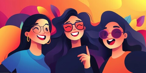 Colorful cartoon-style smiling friends with sunglasses against vibrant abstract background