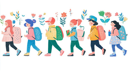 Fototapeta premium Cheerful Children Walking to School with Backpacks and Flowers Illustration