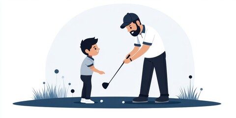 Father teaching son golf: bonding and skill development in nature scene