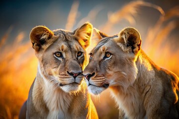 Obraz premium Two Lionesses Whispering Secrets: Close-Up Tilt-Shift Wildlife Photography
