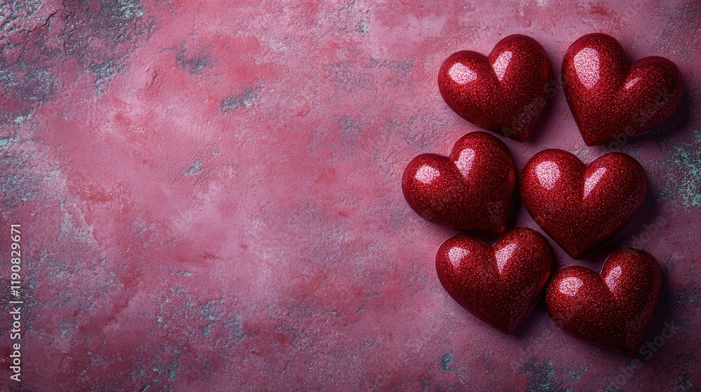 Poster five red hearts arranged on a soft pink background creating a simple romantic design valentine day