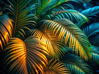 Low Light Palm Tree Branches, Night Tropical Foliage, Dark Silhouette, Exotic Plant, Detailed Texture