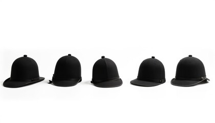 Obraz premium Black police helmets arranged in a row on a white background