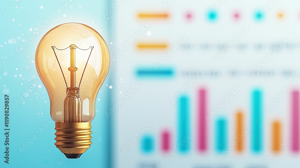 Poster a glowing light bulb in the foreground with colorful bar graphs in the background, symbolizing ideas