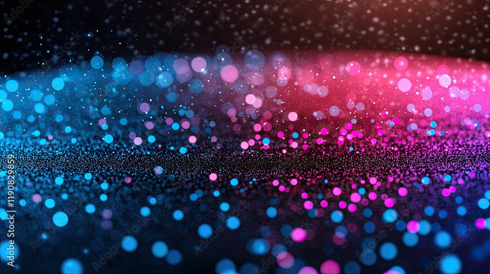 Poster abstract digital background featuring vibrant pink and blue bokeh lights on a dark surface, creating