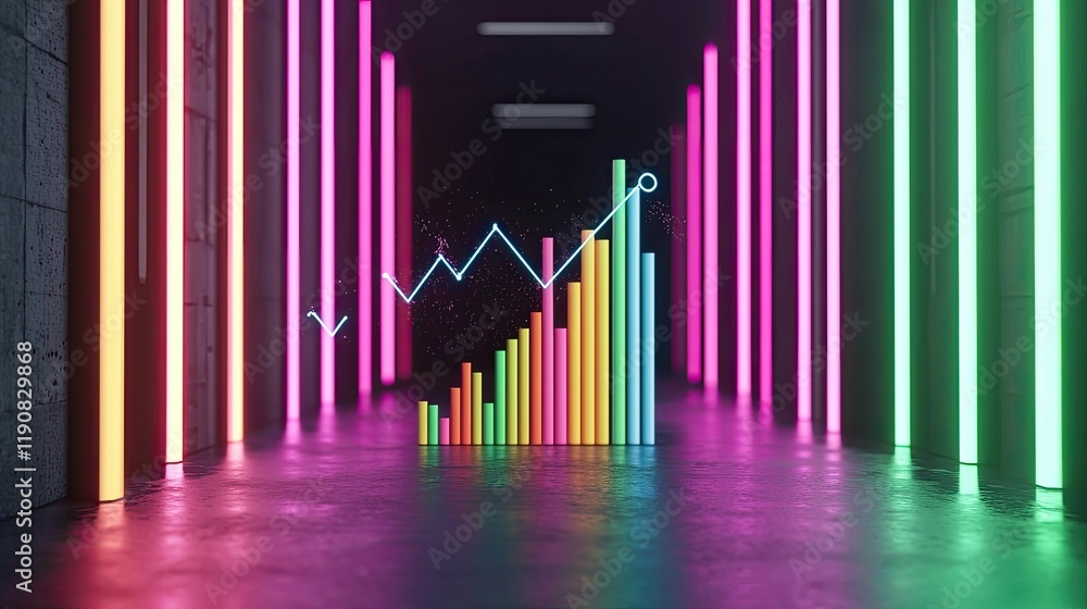 Poster a vibrant hallway with glowing vertical lights, showcasing a colorful bar graph and line chart, symb