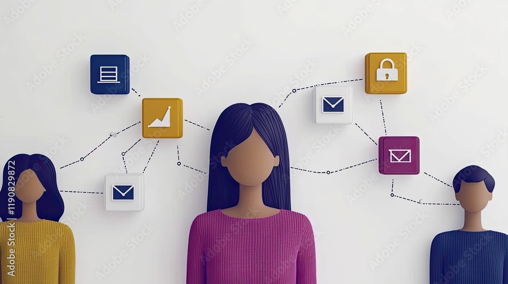Poster abstract figures connected by digital icons suggest themes of communication, data, and security in a