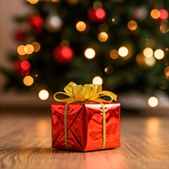 A red gift box with a gold ribbon sits in front of a beautifully decorated Christmas tree.