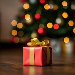 A red gift box with a gold ribbon sits in front of a beautifully decorated Christmas tree.