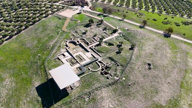 Aerial View of Ancient Ruins and Pathways from the Roman Villa of Brunel in Quesada, Jaen, Spain