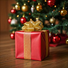 A red gift box with a gold ribbon sits in front of a beautifully decorated Christmas tree.